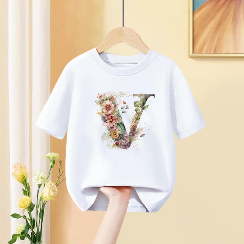 Girls T Shirt Custom Name Letter Combination Print Tshirt Flower Letter Font A B C D E F G Short Sleeve Kids Pink Tops