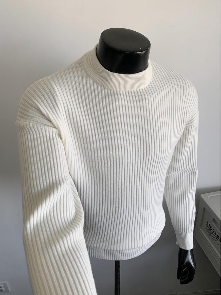 Men's Winter Korean-Style Ribbed Knit Sweater with Half-High Collar - Trendy, Clean Fit
