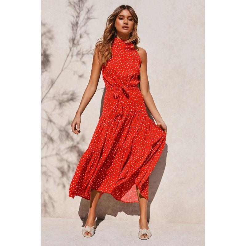 Women's Hanging Neck Polka Dot Printed Tie Dress Long Long Dress