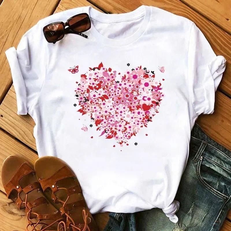 T-shirt Women Neck T-shirt Women T Shirt Love Flower Half Sleeve Cartoon White Letter Aesthetic Clothes