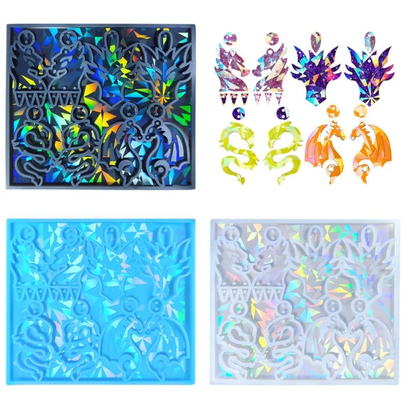 Unique Dragon Mold Holographic Rainbow Light Silicone Mold with Hole Animal Dragon Keychain Pendant Mold Epoxy Casting