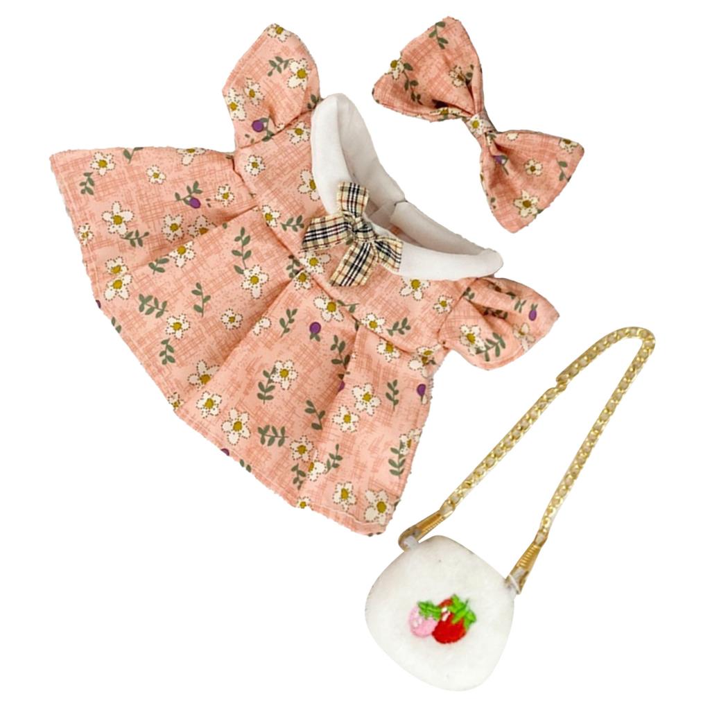 Girl Doll Clothes Accessories with Shoes Bow Bag for 20cm Dolls Floral Print Cute Girl Doll Clothing