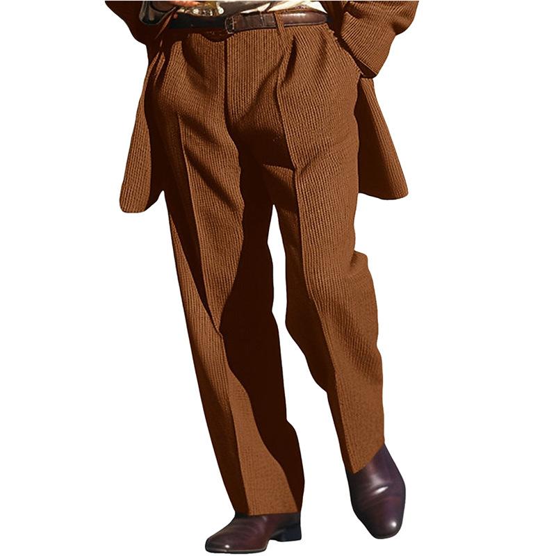 Men's Brown Corduroy Pleated Wide-Leg Dress Pants with Relaxed Fit