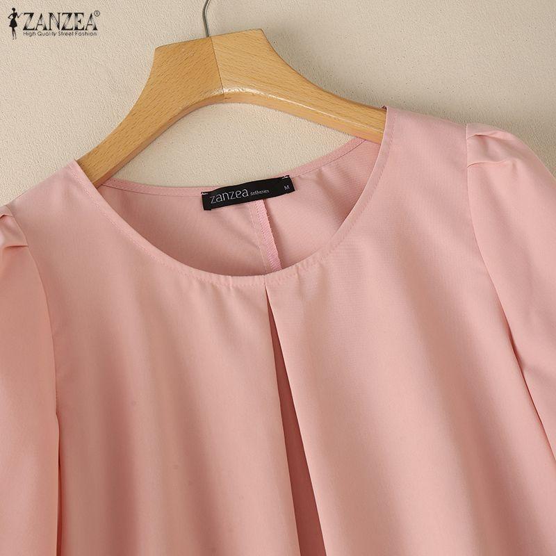 ZANZEA Blusa Casual da Donna a Manica Corta Girocollo Tinta Unita