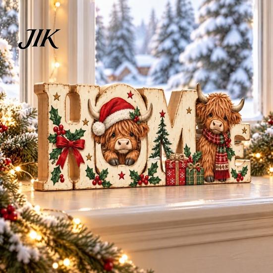 Standing Wooden Signs for Entryways Highland Cow Home Ornament, 2D Tabletop Sign, Rustic Tiered Tray Christmas Decorations Festive Centerpiece Mantel
