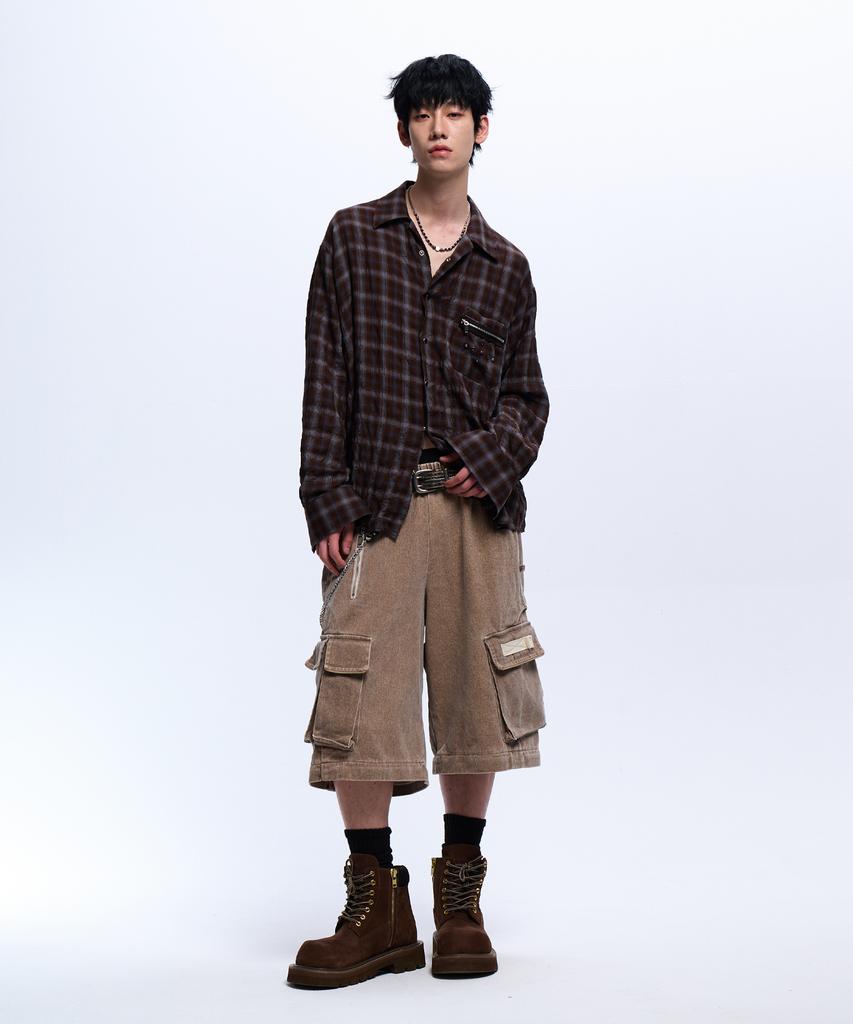 Aleseueseussi Rivet Zipper Check Shirt - Brown