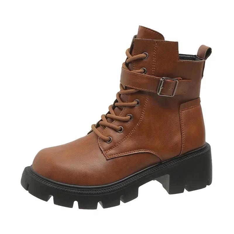 Women Boots  New Autumn/Winter British Style Motorcycle Boots Thick Bottom Lace Up Zipper Buckle Retro Large 43 Short Boots