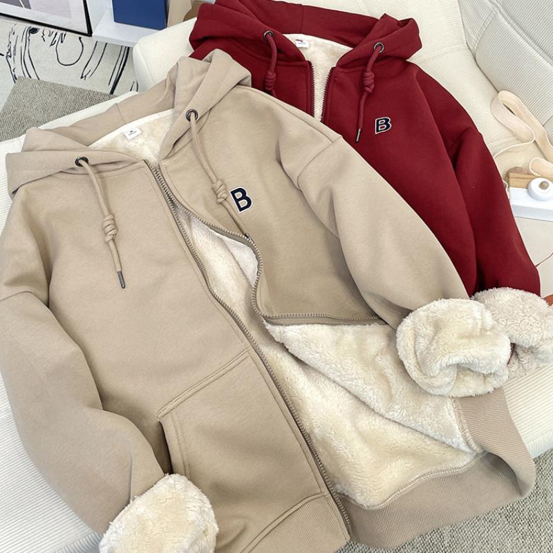 Plus Velvet Thick Hooded Lamb Fleece Sweater Women's Autumn and Winter Loose Warm Long-sleeved Cardigan Zipper Jacket