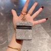 Genuine Leather Mini Pouch with Rhinestones Detachable Chain for Bag Charm Keychain Portable Earphone Case Lipstick Holder