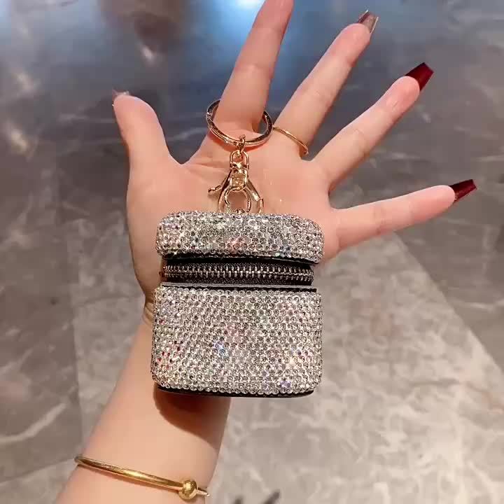 Genuine Leather Mini Pouch with Rhinestones Detachable Chain for Bag Charm Keychain Portable Earphone Case Lipstick Holder