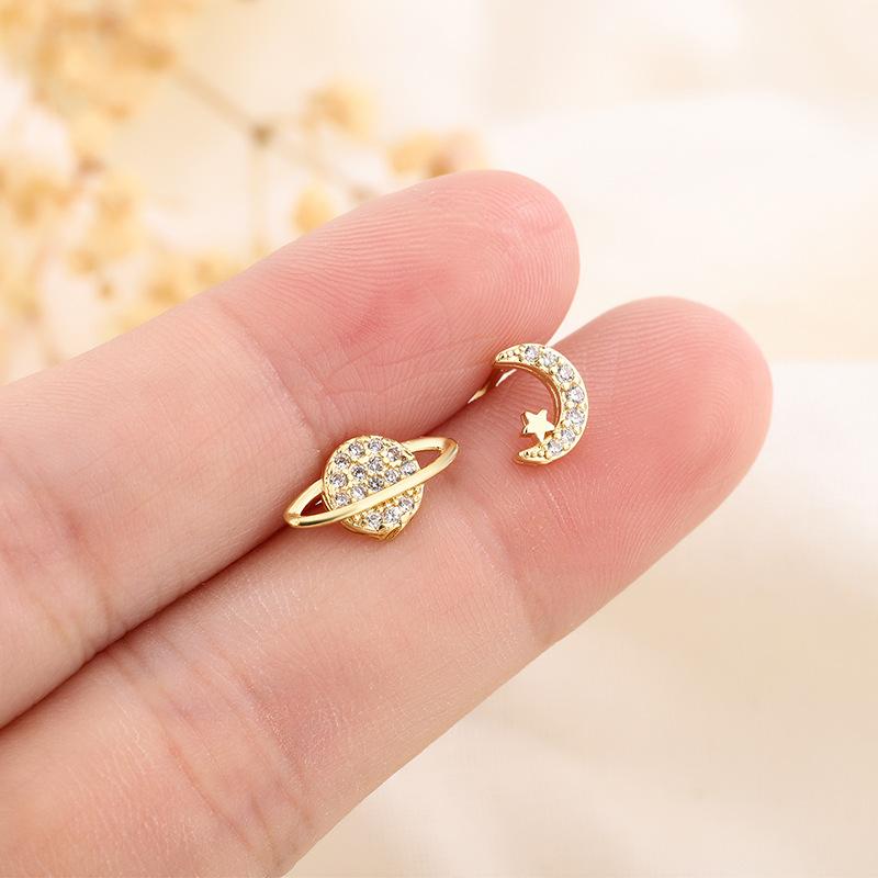 Asymmetric Moon Planet Zircon Stud Earrings For Women Niche Temperament Personality Exquisite Jewelry