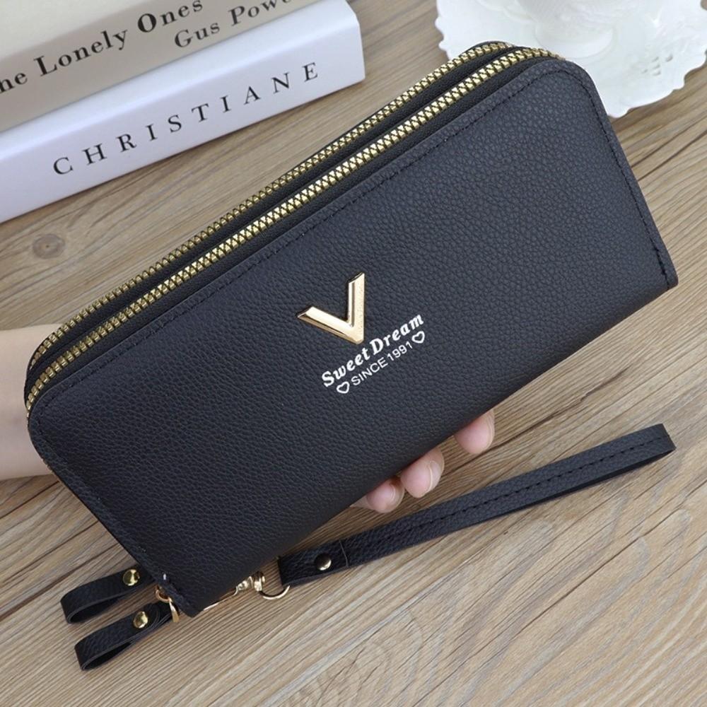 

High Quality Double Zipper Long Wallet PU Leather Large Capacity Card Holder Multifunctional Purse Women чёрный