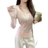 Autumn Korean Grey V-Neck Slim-Fit Cotton Long-Sleeve Women's T-Shirt