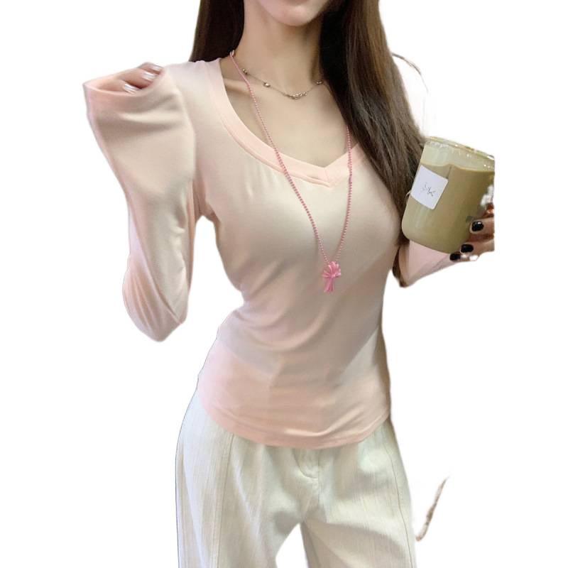 Autumn Korean Grey V-Neck Slim-Fit Cotton Long-Sleeve Women's T-Shirt