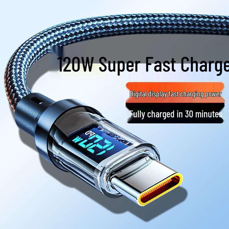 120W Super Fast Charging Dual Type-C Cable for Apple, Huawei, Vivo, Oppo & Xiaomi with Digital Display, 6A Compatible