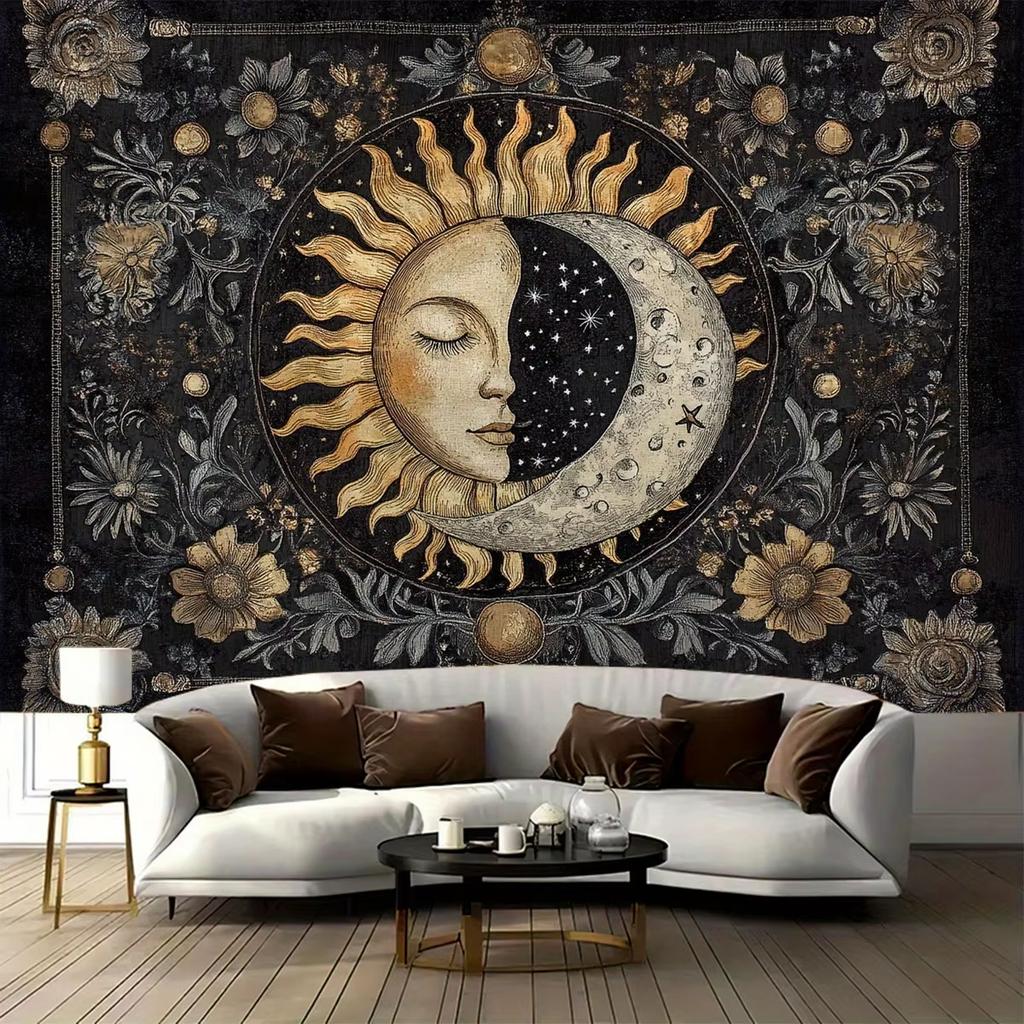 Celestial Sun and Moon Tapestry 1Piece Star  Floral Pattern Wall Hanging Decor for Living Room Bedroom Dorm Aesthetic