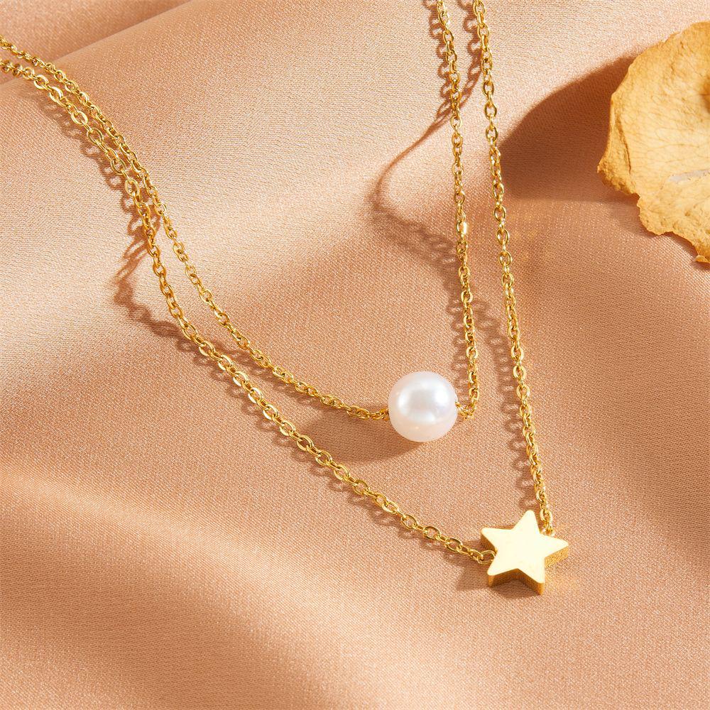 European & American Fashion Double Layer Pearl Star Stainless Steel Necklace - Trendy, Simple, Colorfast Titanium Steel Design
