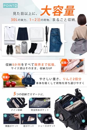 5-Way Boston Bag (Featured in Rurubu Books) with Large Waterproof Pockets, 30L Capacity, and Lightweight Design. Perfect for Sports, Travel, and Carry