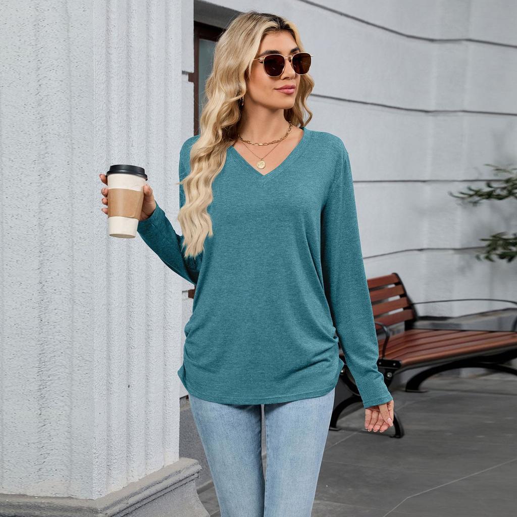 T Shirts For Women Pleated V-Neck Dressy Casual Blouses Printing Short Sleeve Summer Tops Loose Fit