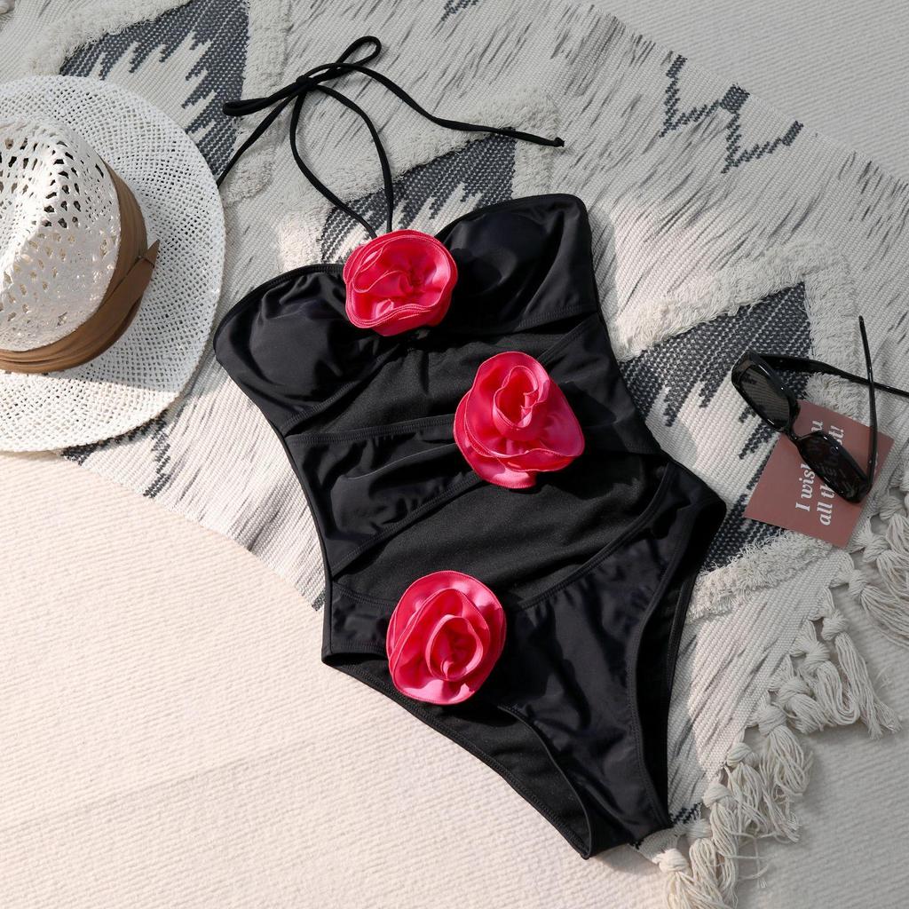 2024 Neue 3D-Blumenröhren-Bademode für Damen mit Neckholder, schulterfrei, einteiliger Badeanzug für Damen, Badeanzug, Blau, Schwarz, Weiß, Monokini