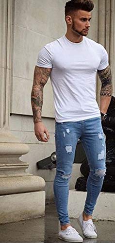 Petite De Français Men's Distressed Skinny Denim Pants, Stylish Denim, Oversized Pants, Popular Men's Denim, Skinny Pants D-2 (Blue, Size 01 S)