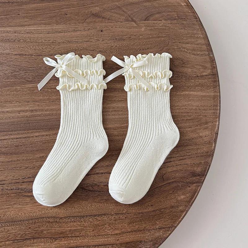 Girls Sweet Cute Ruffle Lace Bows Socks Korean Princess Socks for Children White Black Bow Toddler Cotton Lolita Ankle Socks