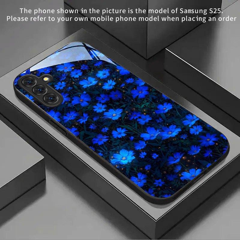 Dark Night Blue Flower Pattern Tempered Glass Phone Case for Samsung Galaxy S26 S25 S24 S23 S22 S20 Fe/plus/ultra Anti Drop