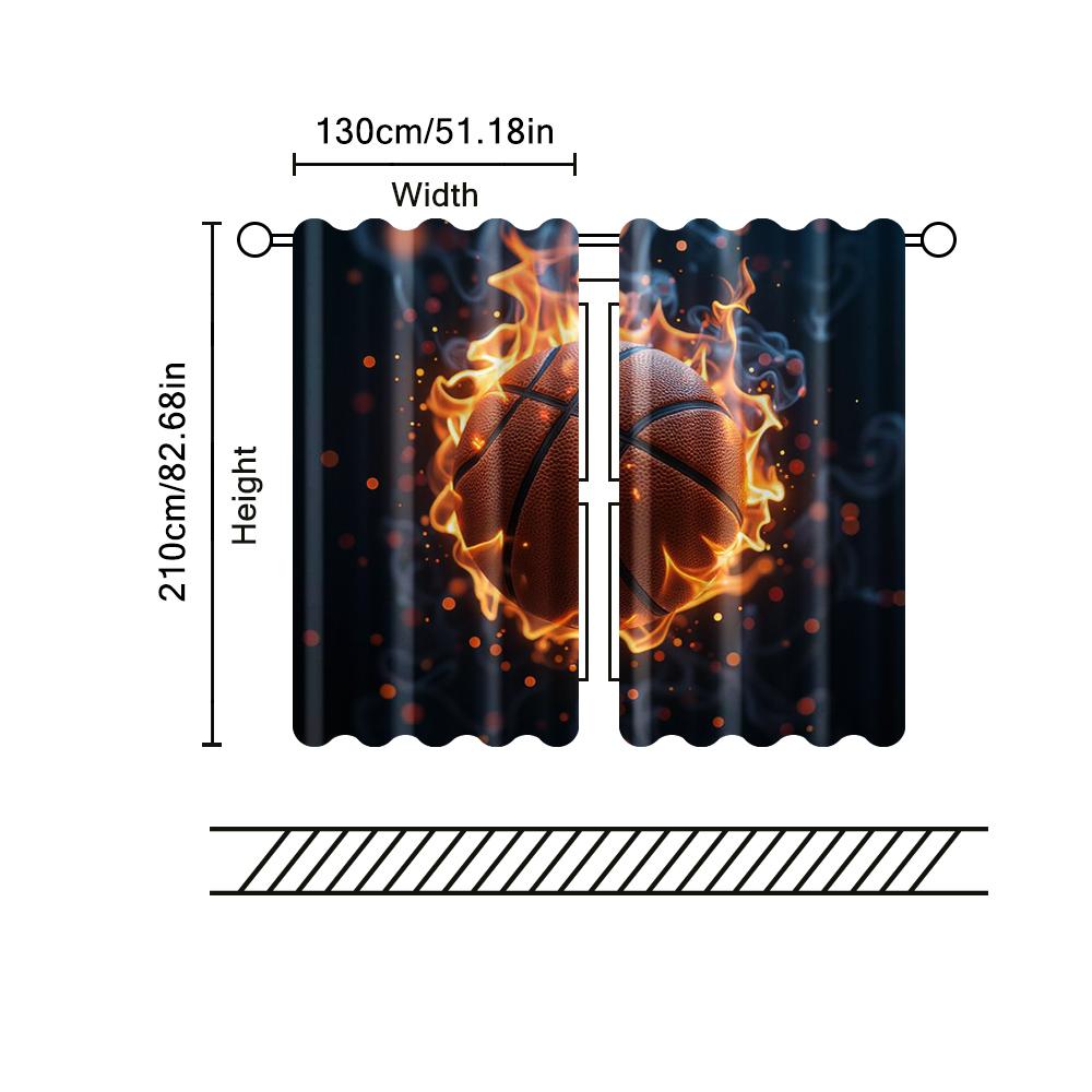 2 Pcs, Filtering Curtains (excluding Rods, Non-movable, Without Batteries) Artistic Basketballbackgroundsuitable for Use In