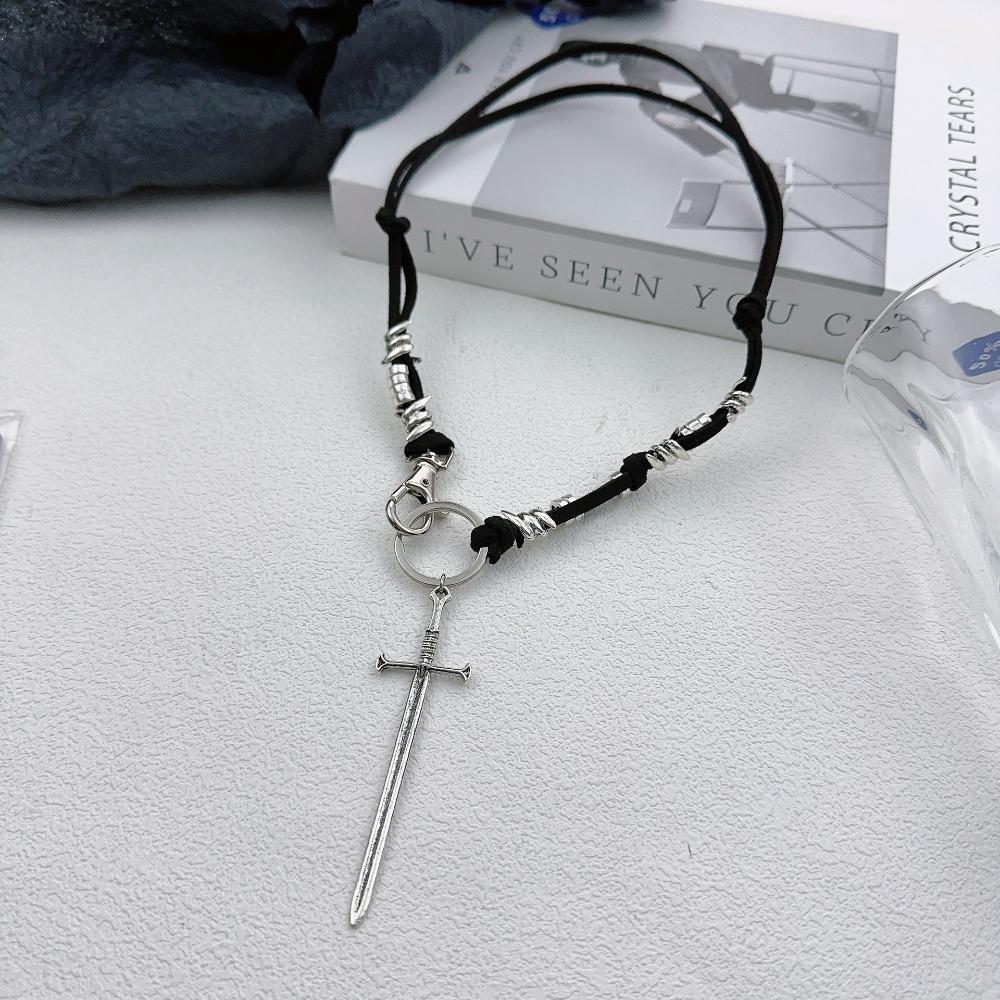 Punk Hip-hop Sliver Color Redemption Thorn Holy Sword Pendant Black Rope Chain Necklace for Women Hot Girl Personality Jewelry