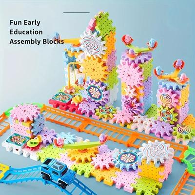 Montessori Kids Electric Gear Building Toy Set Spinning Gears Set Gear Rail Car Big Building STEM Construction Christmas Toy