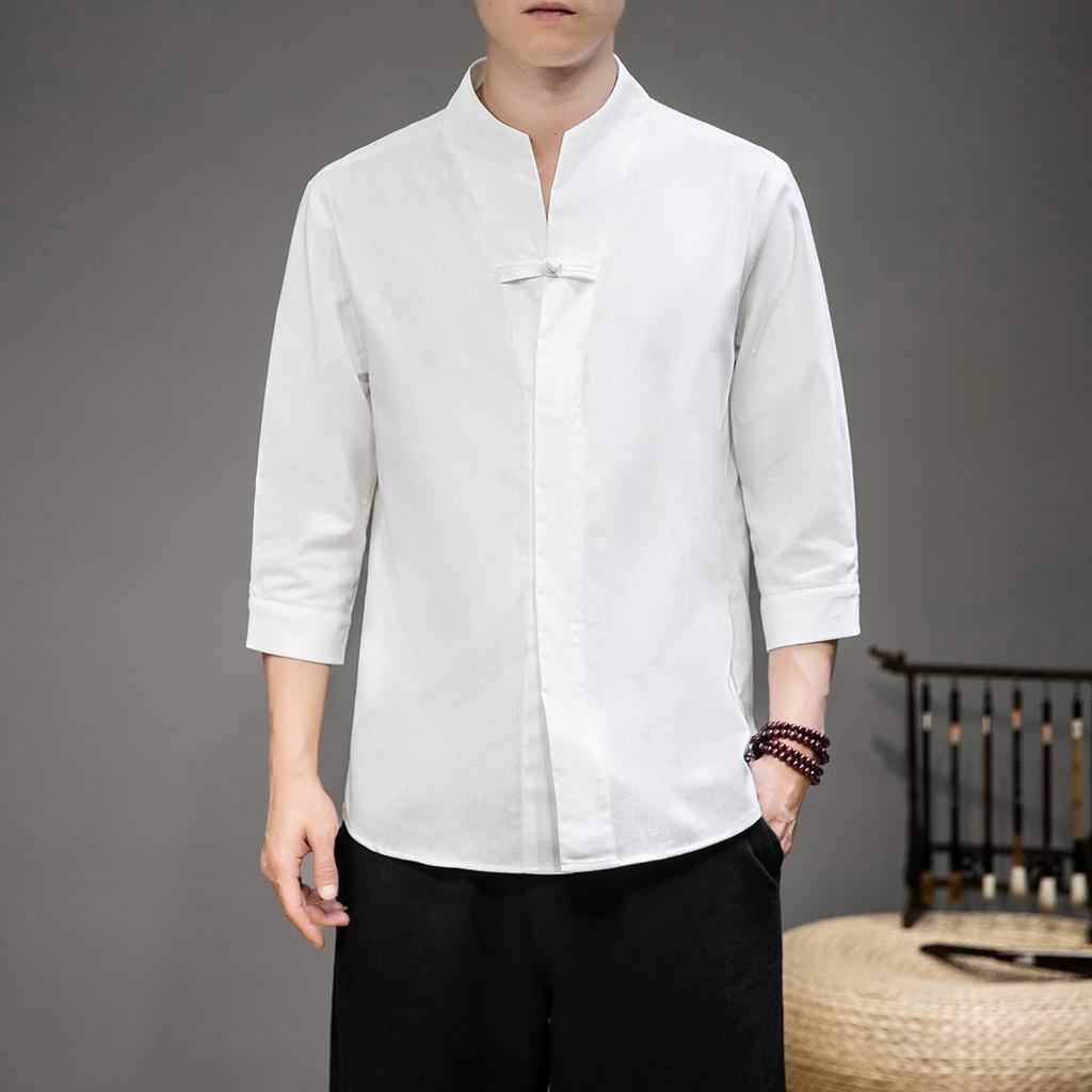 Mens Fashion V-Neck Shirt 2025 Men Harajuku Soild Color Shirts Male Casual Loose Retro Shirt Chinese Style Kimono Shirt