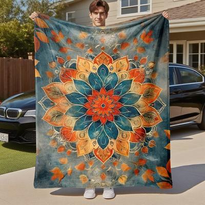 1 stuks Mandala Bladeren Buiten Flanellen Deken Zacht Warm Alle Seizoenen Plaid voor Bank Bed Auto Kamperen Kantoor, Gezellige Cadeau-idee1326S