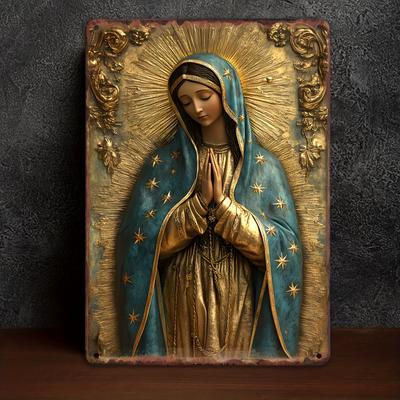 Vintage Metalowy Znak Matki Bożej z Guadalupe, Rustykalna Amerykańska Sztuka Ścienna z Aluminium, Religijna Ikona Maryi