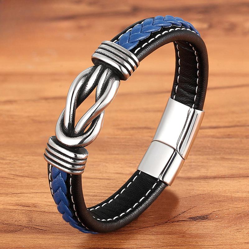 

Браслет для мужчин, модный хип-хоп кожаный многослойный ювелирный простой коричневый/черный/синий панк-браслет из нержавеющей стали и кожи, плетеный из веревки 21cm