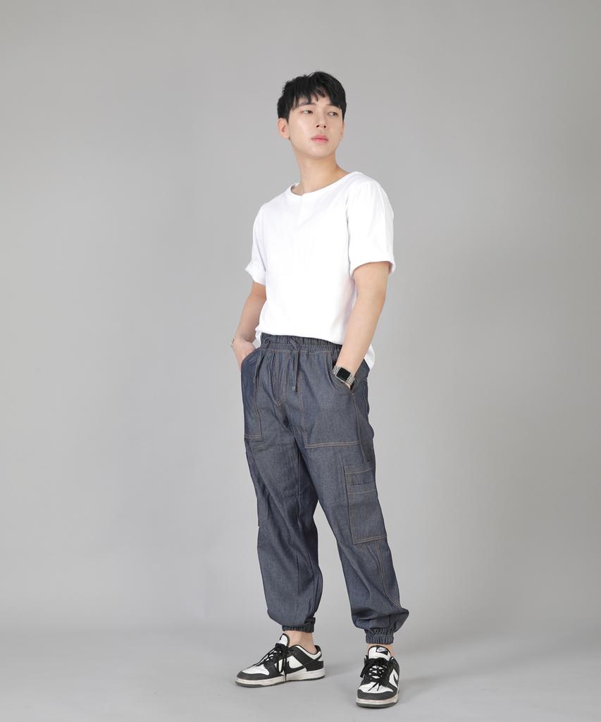 Seinteukeulu Two-Layer Wide Cargo Jogger Pants W2-308J Denim Light Indigo