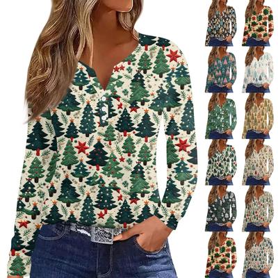 Damen T-Shirt mit V-Ausschnitt und Weihnachtsmotiv, lässig, langärmelig, Knopfleiste