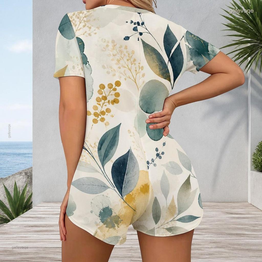 Womens Short Sleeve One Piece V Neck Plus Size Jumpsuit