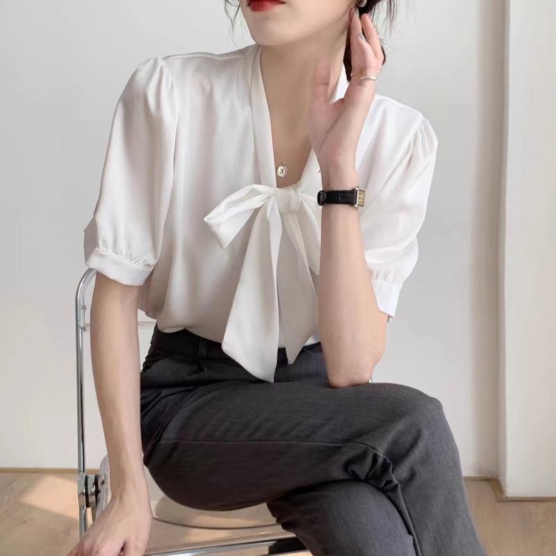 Women s Blue Bowknot Satin Shirt - Spring/Autumn 2026 Professional Design L