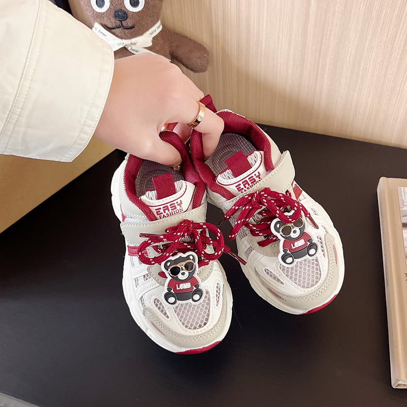 Kids Sneakers Breathable Mesh Hook&loop Boys Girls Running Shoes Cute Bears 2025 New Fashion Children Sports Shoes Soft Sole