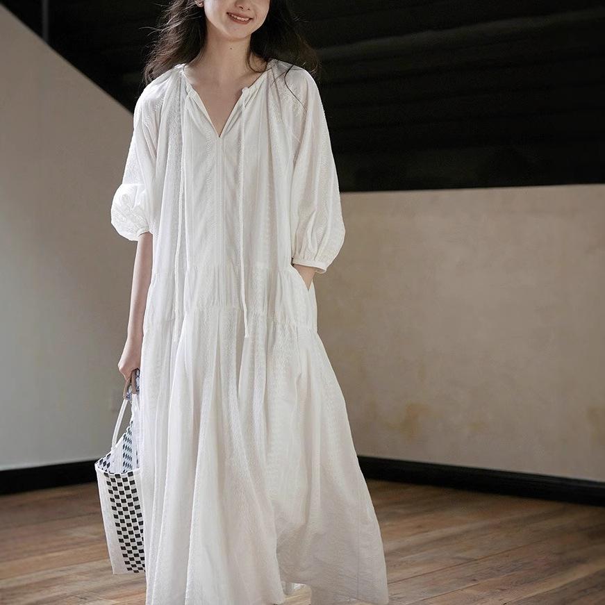 White Moonlight Small White Dress~ Romantic French Holiday Style Lace-up Long Dress Women's Loose Dress