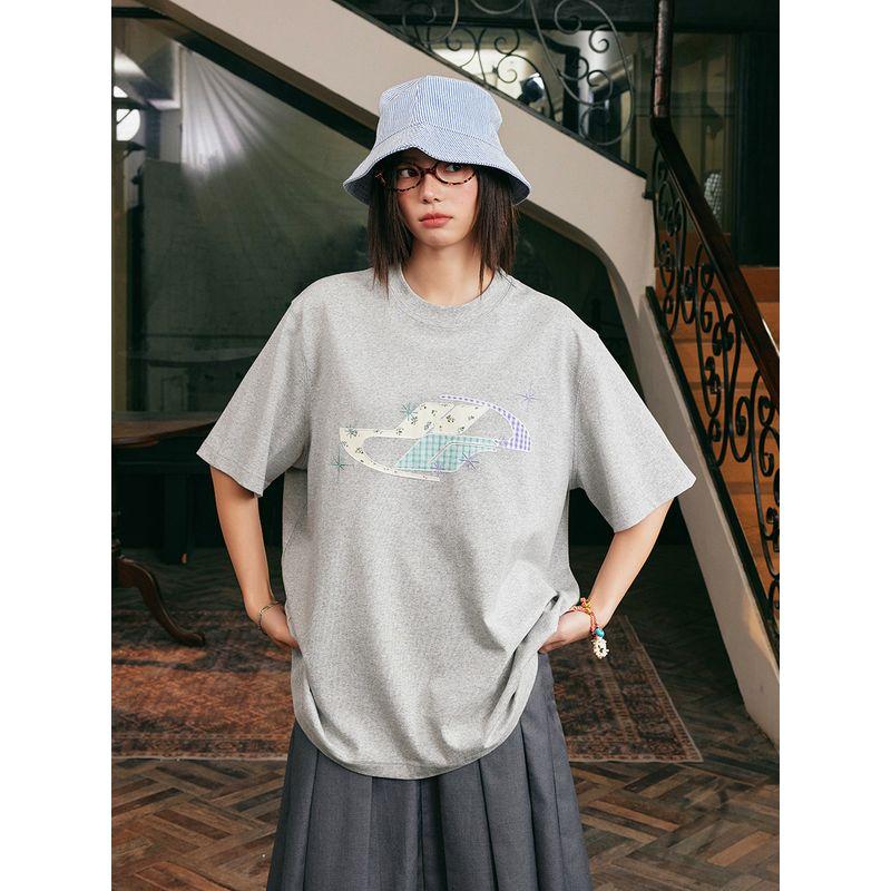 HACR Kids Harshandcruel Children's Funny Patchwork Floral Temperament Embroider Chinese Fad Couple Loose Short Sleeve T-shirt