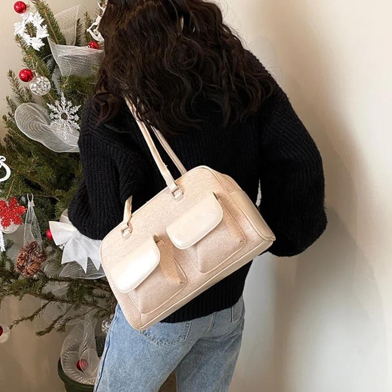 Korean Fashion Womens Shoulder Bag Soft Suede With Pu Leather Bowling Handbag Casual Luxury Vintage 2024 New Boston Tote Bag