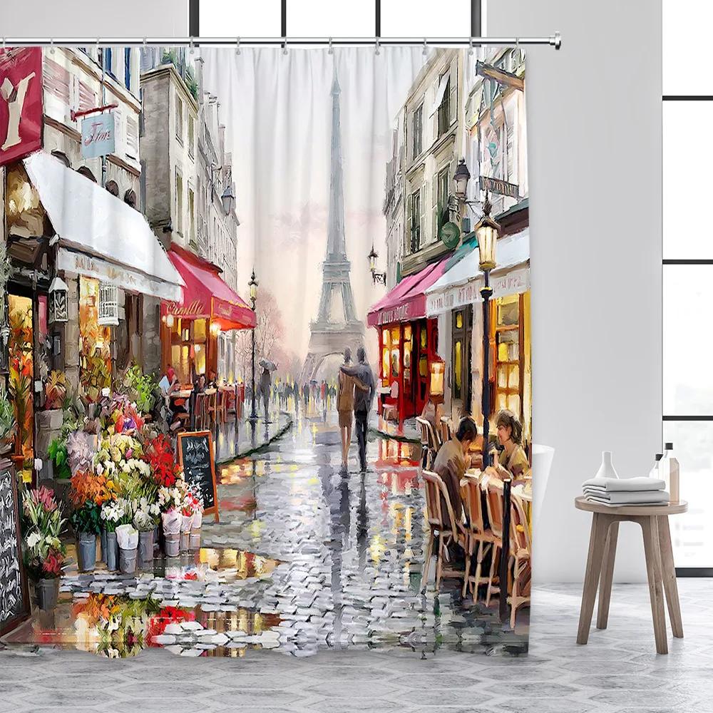Vintage Paris Tower Shower Curtain Pink Floral Romantic Lovers City Street Scenery Modern Fashion Bathroom Curtains Fabric Decor