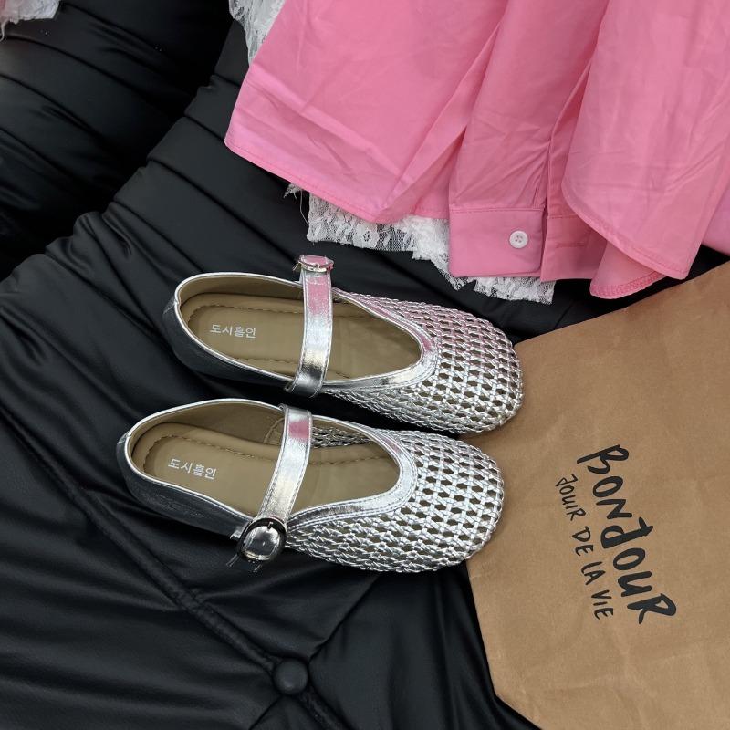 Sheepskin version~ Summer hollow mesh shoes sandals flat bottom soft and comfortable shallow mouth Mary Jane shoes hole women's shoes