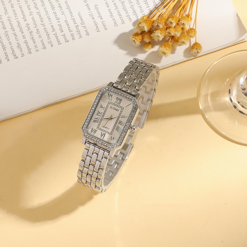 Fashionable simple small square diamond dial with steel strap women's quartz watch set of 12, suitable for Christmas and Hallowe