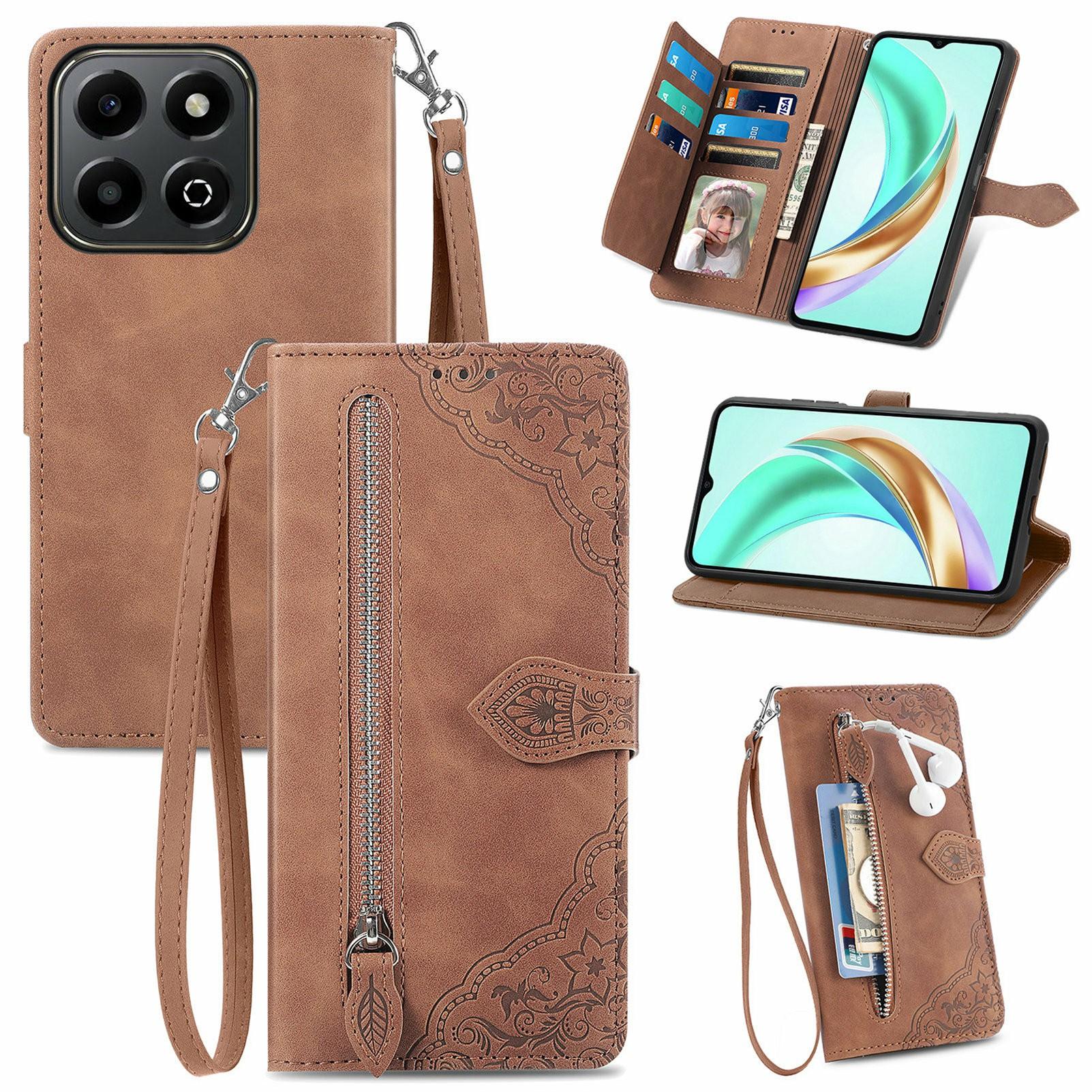 

For Honor X6b 4G Zipper Wallet Case with Strap Flower Imprint PU Leather Phone Cover Brown
