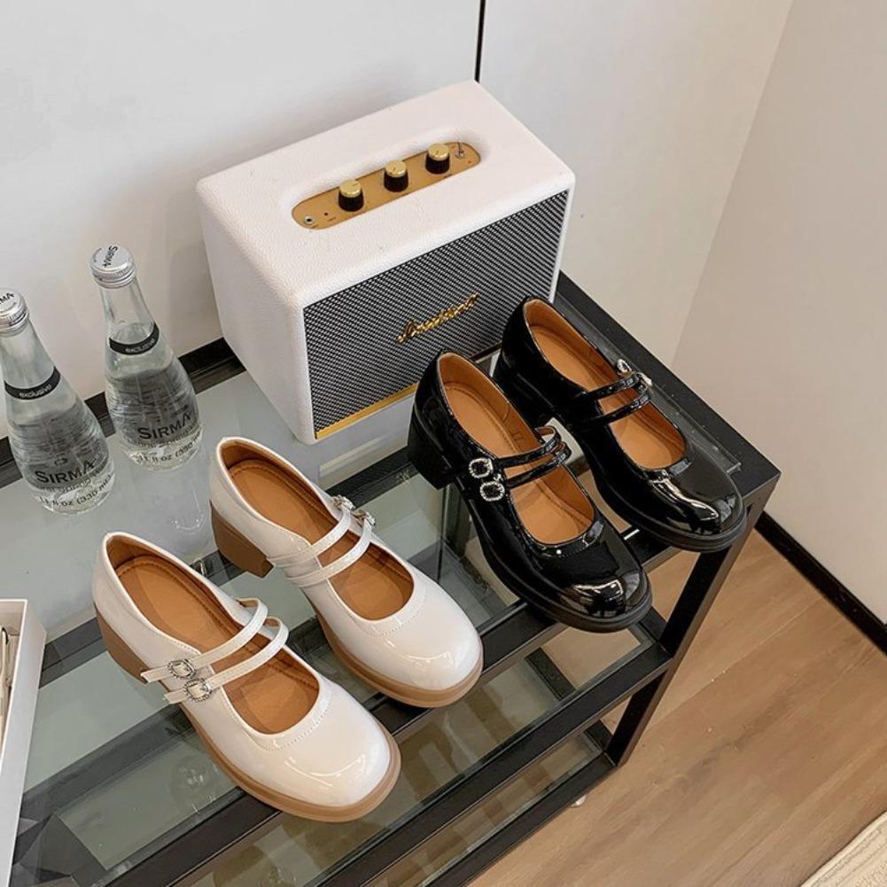 Fashion New Women Pumps Round Toe Shallow Slip on Loafers Ladies Patent Leather Thick Heel Casual Office Mary Jane Shoes
