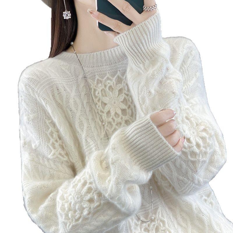 2024 Women's Autumn/Winter 100% Pure Wool Thick Hollow Out Round Neck Sweater