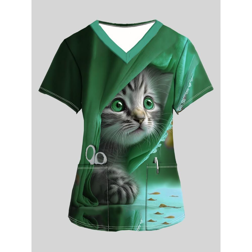 

Женский хирургический халат с V-образным вырезом и милым принтом кота, топы с коротким рукавом, дышащая полиэстеровая униформа медсестры, хирургический халат медсестры M