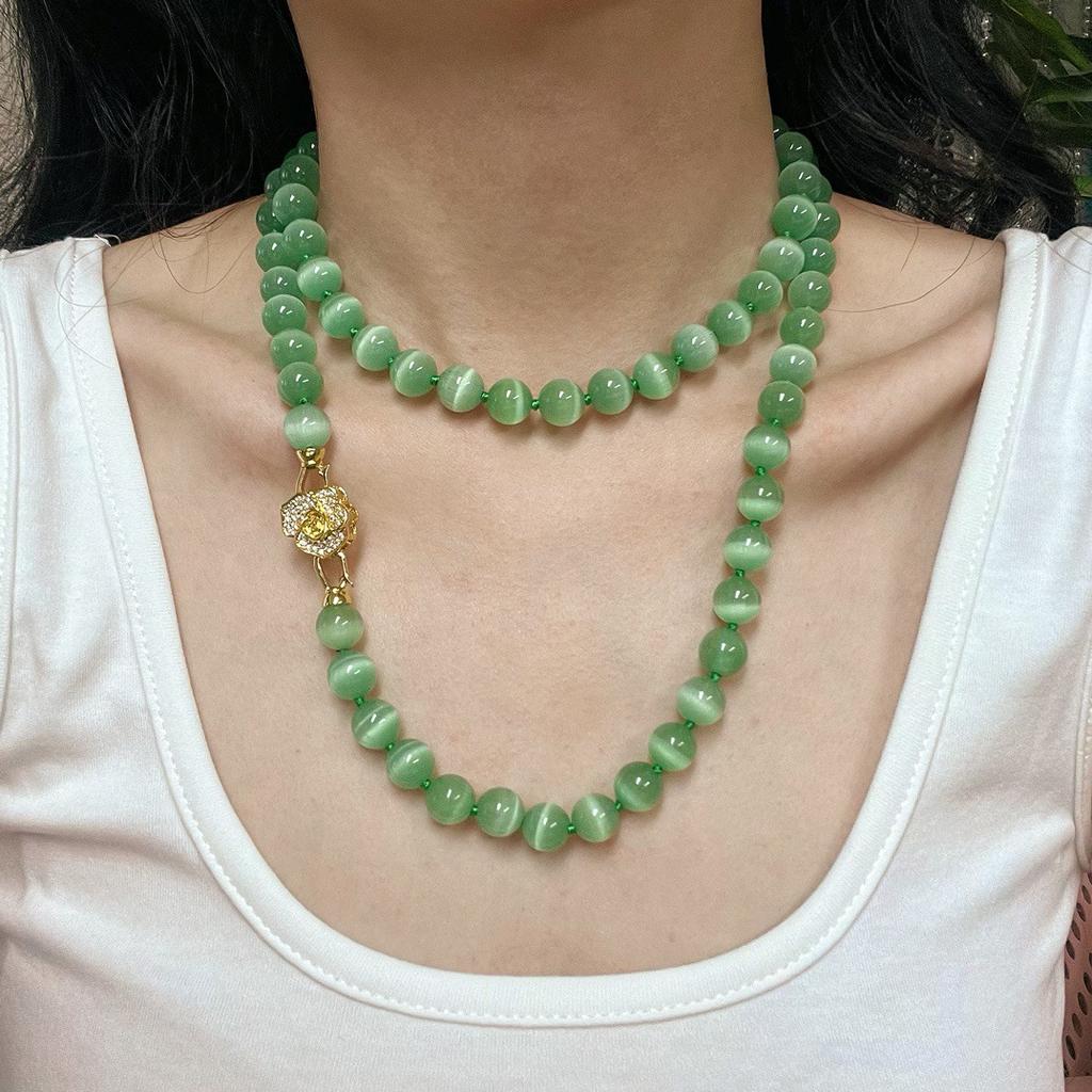 National Style Retro Fruit Green Artificial Opal Rose Buckle Necklace Collarbone Chain Long Sweater Chain